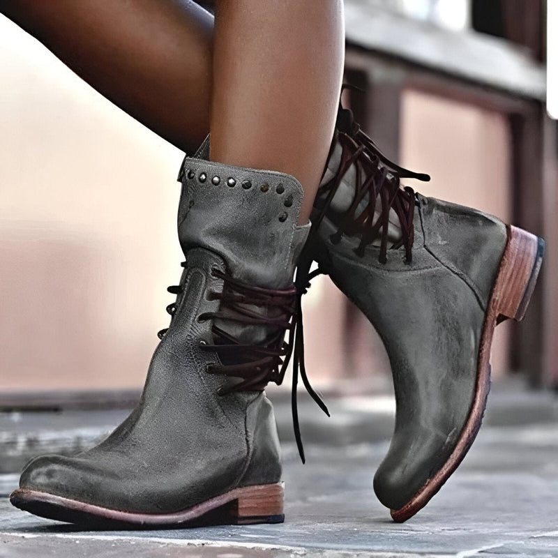 Stylish Black Mid Calf Boots for Women with Studded Collar and Low Block Heel – Lace-Up Design for Comfortable Everyday Wear 4