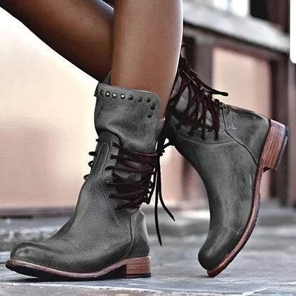 Stylish Black Mid Calf Boots for Women with Studded Collar and Low Block Heel – Lace-Up Design for Comfortable Everyday Wear 4