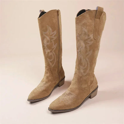 Stylish Suede Cowgirl Boots with Embroidery and Block Heel – Beige and Rose 4
