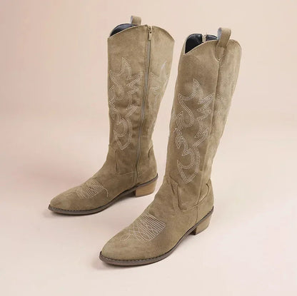 Stylish Suede Cowgirl Boots with Embroidery and Block Heel – Beige and Rose 5