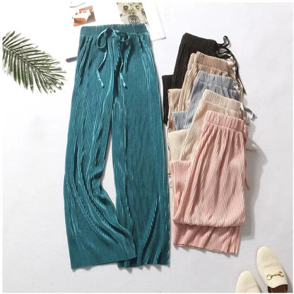 Summer Women's Wide Leg Pants – Pleated Ice Silk Trousers with Elastic Waist for Comfortable Casual Wear 0