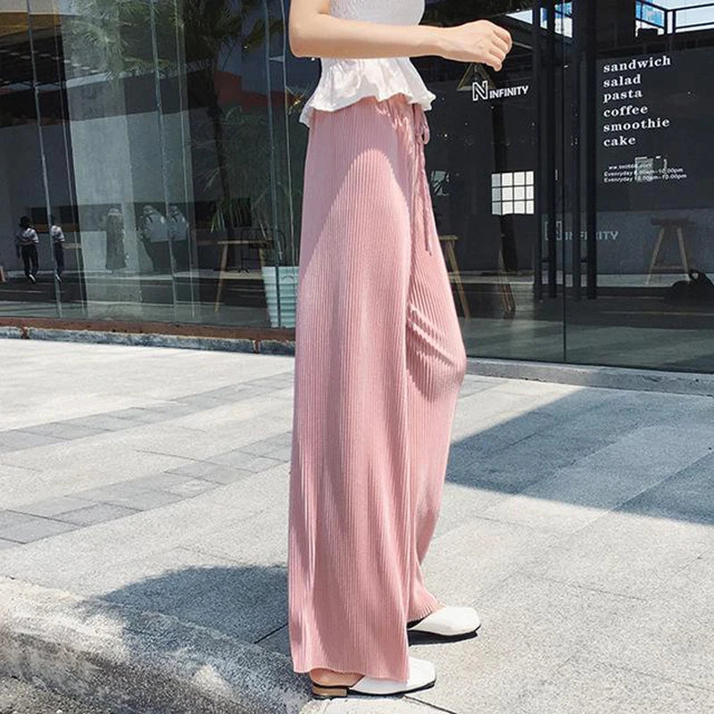 Summer Women's Wide Leg Pants – Pleated Ice Silk Trousers with Elastic Waist for Comfortable Casual Wear 7
