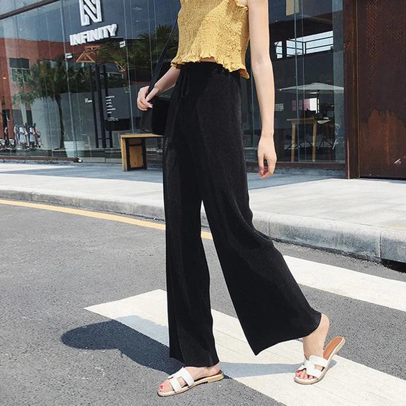 Summer Women's Wide Leg Pants – Pleated Ice Silk Trousers with Elastic Waist for Comfortable Casual Wear 9