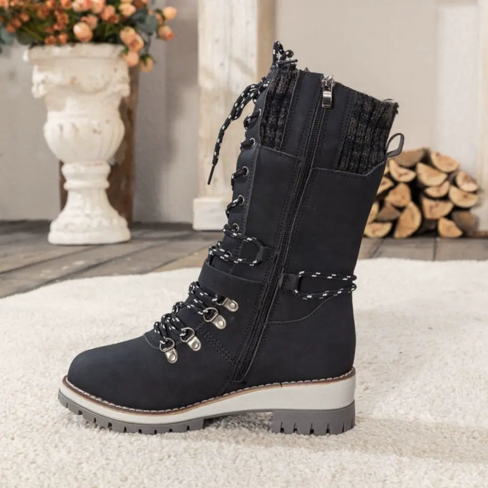 Women's Black Lace-Up Winter Boots with Knitted Cuff and Non-Slip Sole – Stylish and Comfortable Footwear 2