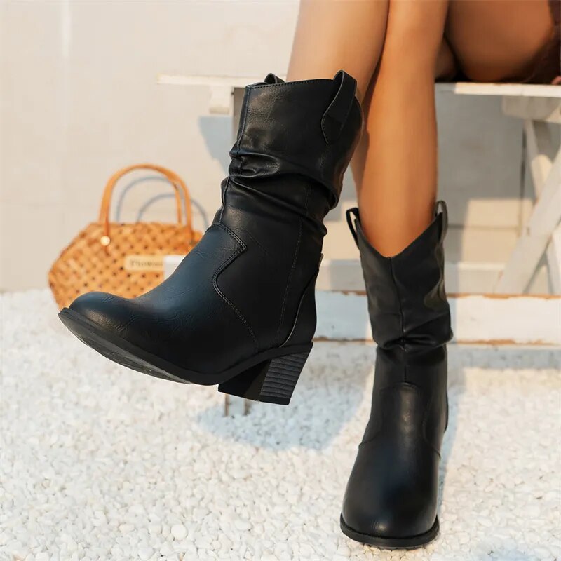 Women’s Black Leather Ankle Boots – Stylish Western Design in Sizes 36–42 2