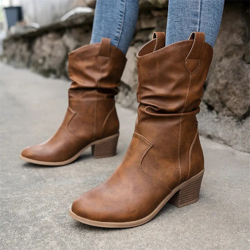 Women’s Black Leather Ankle Boots – Stylish Western Design in Sizes 36–42 5