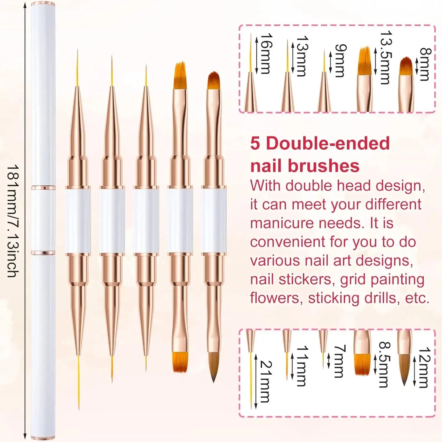 TRUZENIC 5PCS Double-Ended Nail Art Brush Set – Professional Gel Polish Painting Tools for DIY