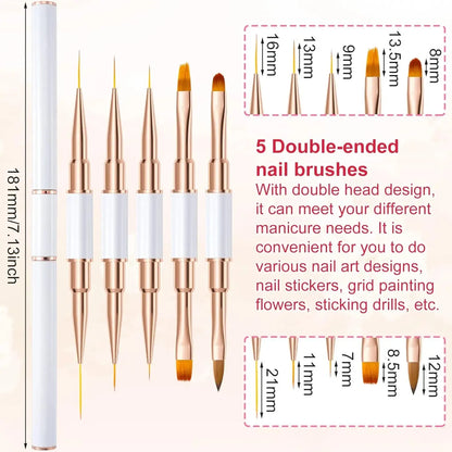 TRUZENIC 5PCS Double-Ended Nail Art Brush Set – Professional Gel Polish Painting Tools for DIY